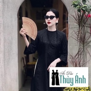 Black Cach Tan Ao Dai Dang Suong Tay Loe Vietnamese Long Dress Flared Sleeves with Pants