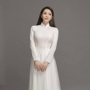 White Ao Dai Vietnamese Chiffon Double Layer Long Dress with Pants G87