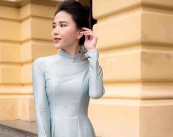 Blue Ao Dai Vietnamese Lua Van Go Silk Long Dress with White Pants G85