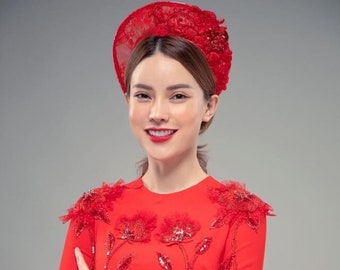 Red Ao Dai Vietnamese Double Layer Chiffon With Beads and Matching Pants NO HEADPIECE “Free Priority Shipping”