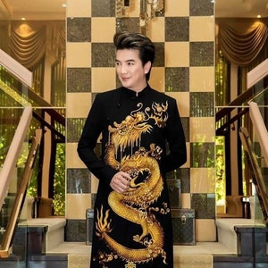 Black Ao Dai for Men, Hand Painted Vietnamese Traditional Long Dress for Men, Ao Dai Chu Re, Ao Dai Nam. No pants G42