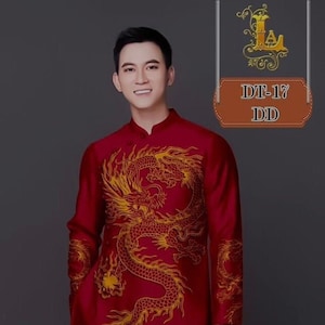 Dark Red Tafta Ao Dai Dragon Embroidered. Ao Dai for Men No Pants PR122