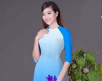 Blue Ao Dai Vietnamese Lua Mango Silk Long Dress With Matching Blue Pants E02157