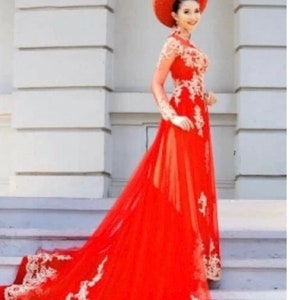 Red Ao Dai Vietnamese Traditional Wedding Dress with Gold Embroidery and LONG Train with Red or Gold Pants G53