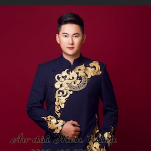 Black or Navy Blue Embroidered Vietnamese Traditional Long Dress for Men, Ao Dai Chu Re, Ao Dai Nam. No pants G25