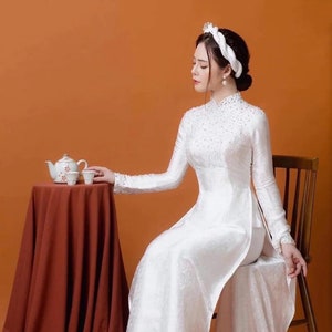 White Ao Dai Vietnamese Gam Beaded Long Dress with Matching Color Pants with NO Headband G81 image 1