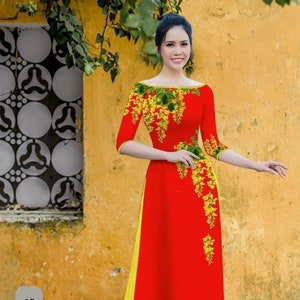 Lua My vietnamita Ao Dai rosso in 3D con pantaloni 02168