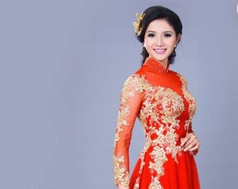Red Ao Dai Vietnamese Traditional Wedding Dress with Gold Embroidery and  Red or Gold Pants G52