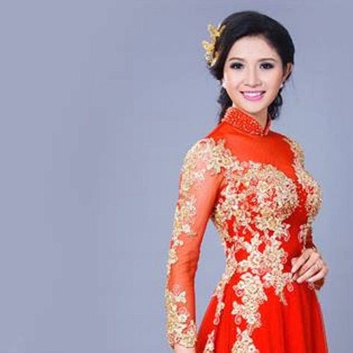 Red Ao Dai Vietnamese Traditional Wedding Dress With Gold
