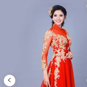 Red Ao Dai Vietnamese Traditional Wedding Dress with Gold Embroidery and Red or Gold Pants G52 image 1