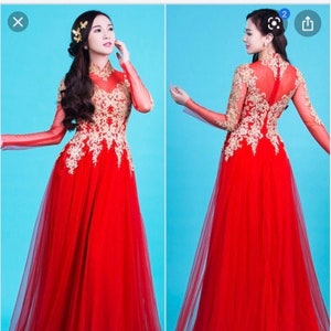 Red Ao Dai Vietnamese Traditional Wedding Long Dress with Gold Embroidery and Red Pants G59