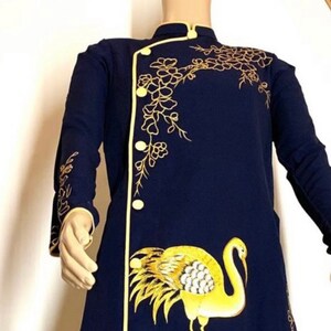 Navy Blue Ao Dai for Men, Hand Painted Vietnamese Traditional Long Dress for Men No pants G31