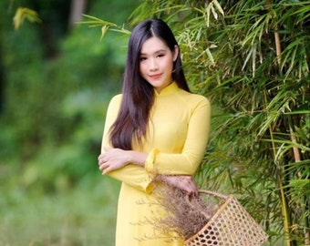 Yellow Ao Dai Vietnamese Lua My Silk Long Dress with matching color Pants G94