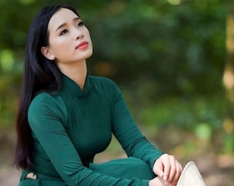 Green Ao Dai Vietnamese Silk Long Dress with Pants G92
