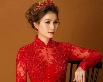 Red Vietnamese Traditional Wedding Dress Embroidery with matching Red Pants NO Headband G60