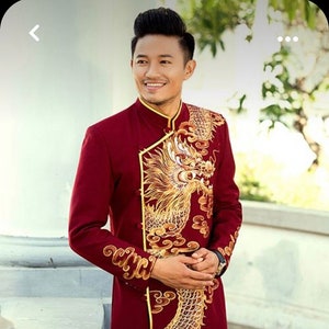 Dark Red Ao Dai for Men, Hand Painted Vietnamese Traditional Long Dress for Men, Ao Dai Chu Re, Ao Dai Nam. No pants G33