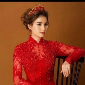 Red Vietnamese Traditional Wedding Dress Embroidery with matching Red Pants NO Headband G60