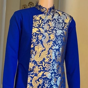 Blue Ao Dai Nam, Ao Dai Chu Re, Vietnamese Traditional Long Dress for Men with Gold Pattern, No PANTS G18
