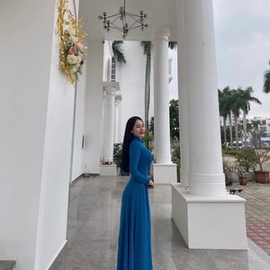 Blue Ao Dai Vietnamese Chiffon Double layers Long Dress with Pants G62