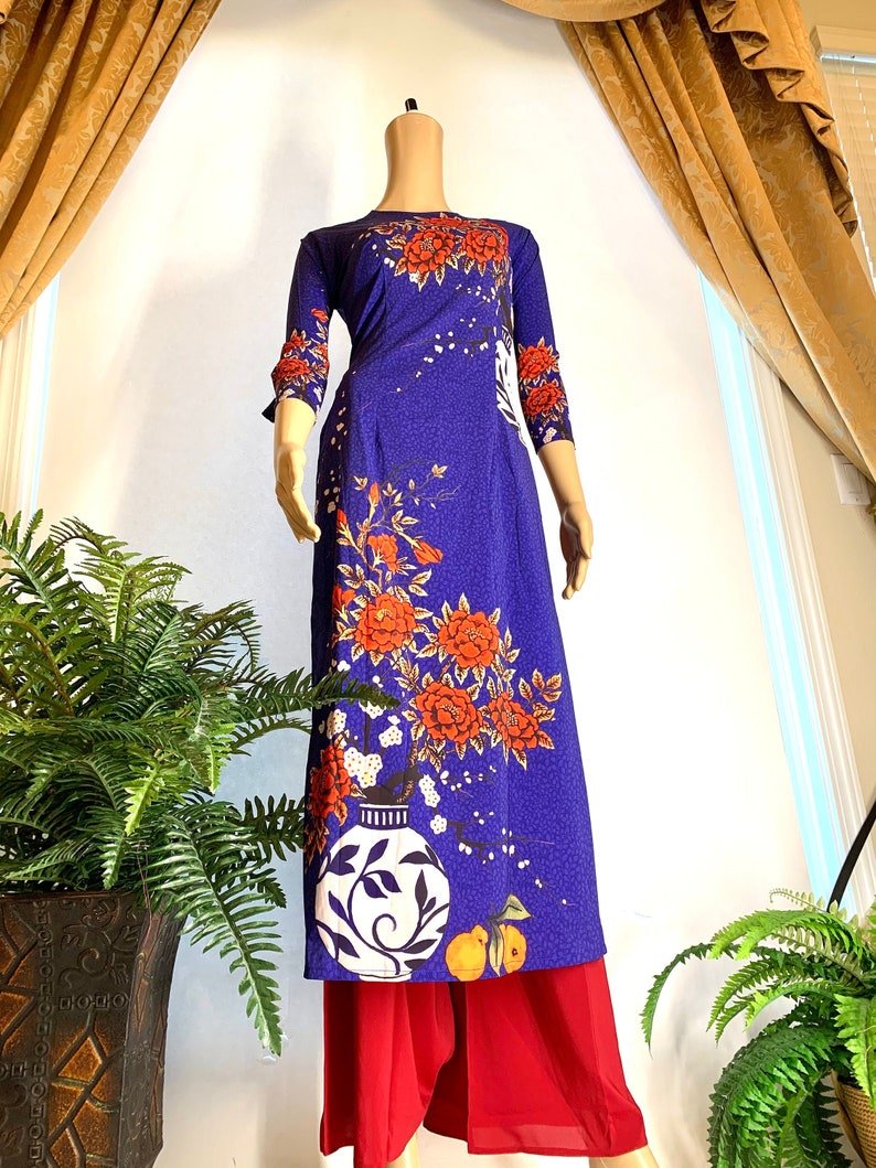 Free Fast Priority shipping Blue Vietnamese Ao Dai Silk Cach Tan with Pants