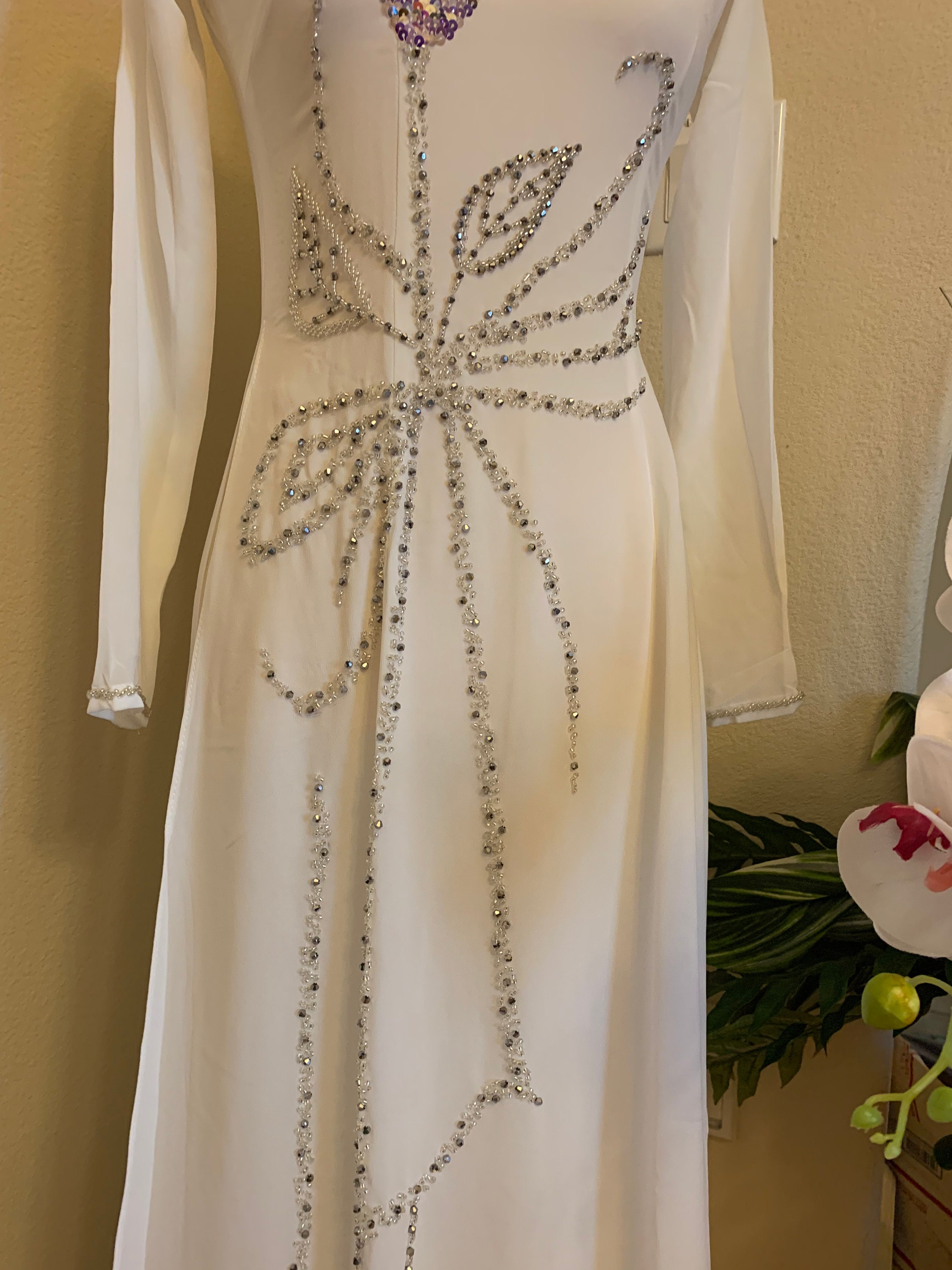 White Ao Dai Vietnamese Chiffon Double Layer Beaded Long