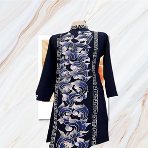 Navy Blue Ao Dai for men, Hand Painted Vietnamese Traditional Long Dress for Men, Ao Dai Chu Re, Ao Dai Nam. No pants G108