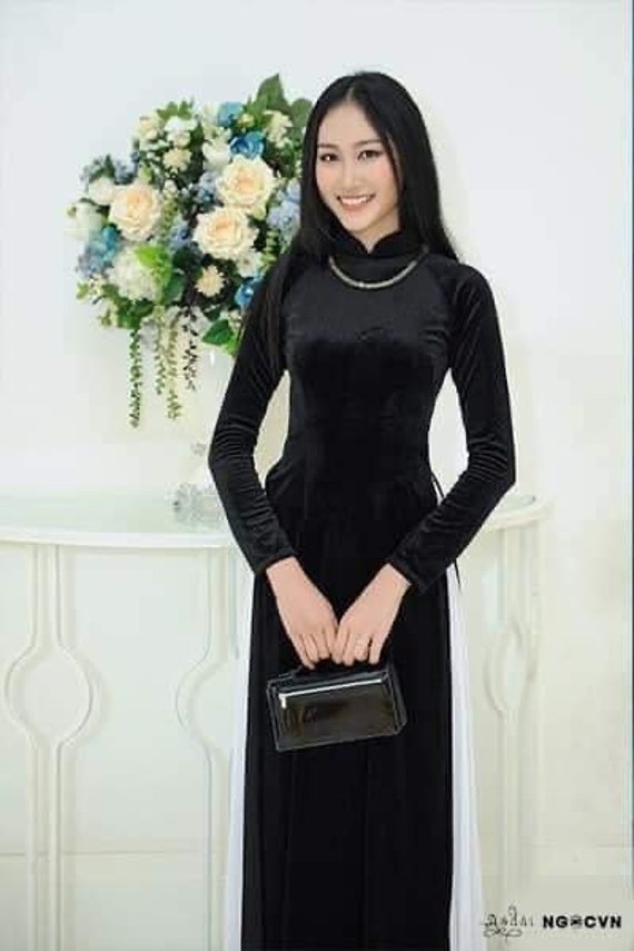 Black Velvet Ao Dai Vietnamese Long Dress With White Pants G88 Etsy UK