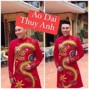 Red Ao Dai for Men, Hand Painted Vietnamese Traditional Long Dress for Men, Ao Dai Chu Re, Ao Dai Nam. No pants G43
