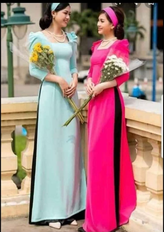 Blue or Pink Ao Dai Vietnamese Lua My Silk Long Dress With Headpiece and Black  Pants 02149 -  Canada