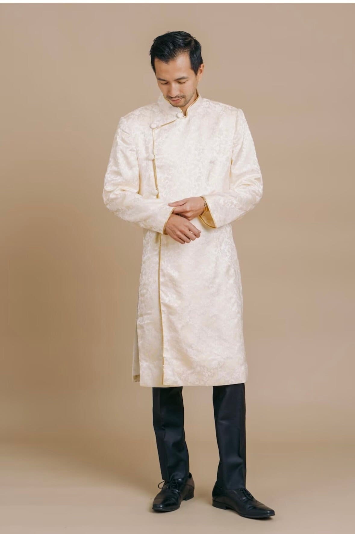 Cream Ao Dai With Golden Dragon Design - Vietnamese Long Dress for Men #TA108