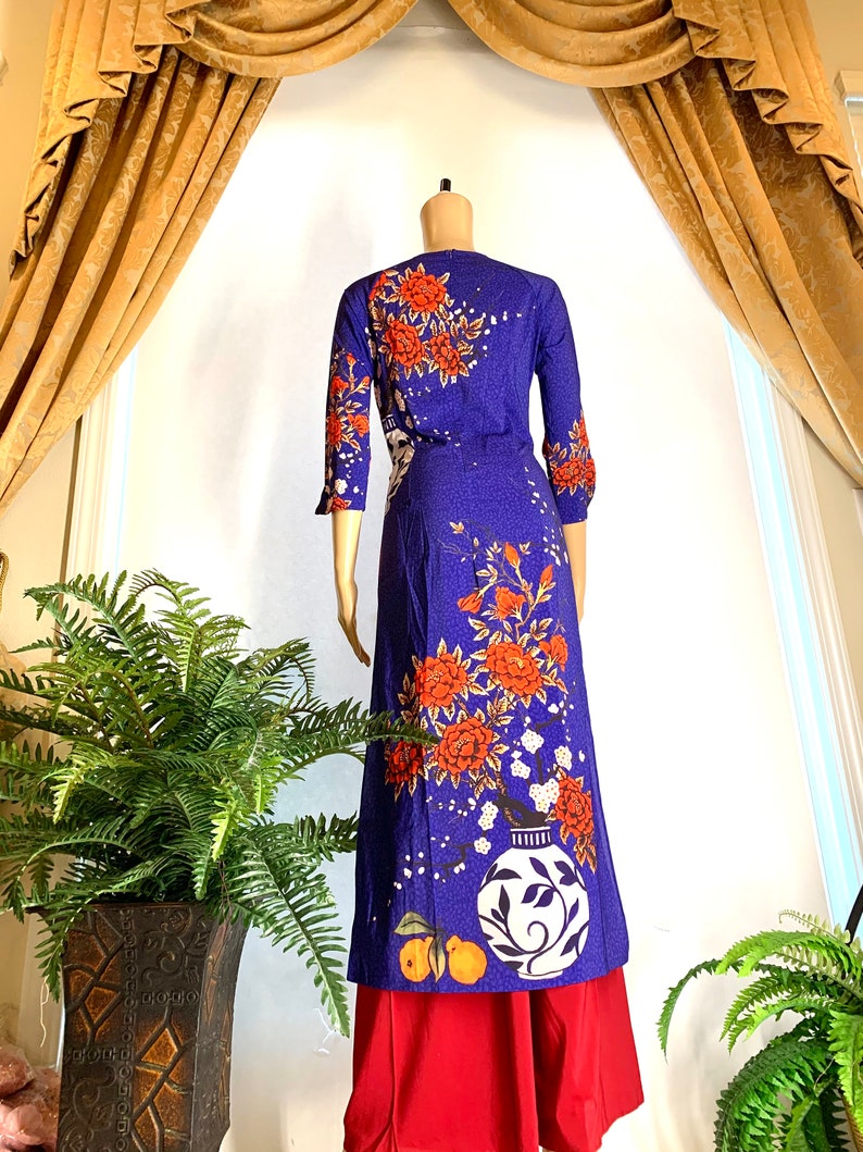 Free Fast Priority shipping Blue Vietnamese Ao Dai Silk Cach Tan with Pants