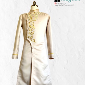 Beige/ Cream Embroidered Ao Dai for Men, Traditional Vietnamese Long Dress for Men, Ao Dai Nam. No Pants #1412