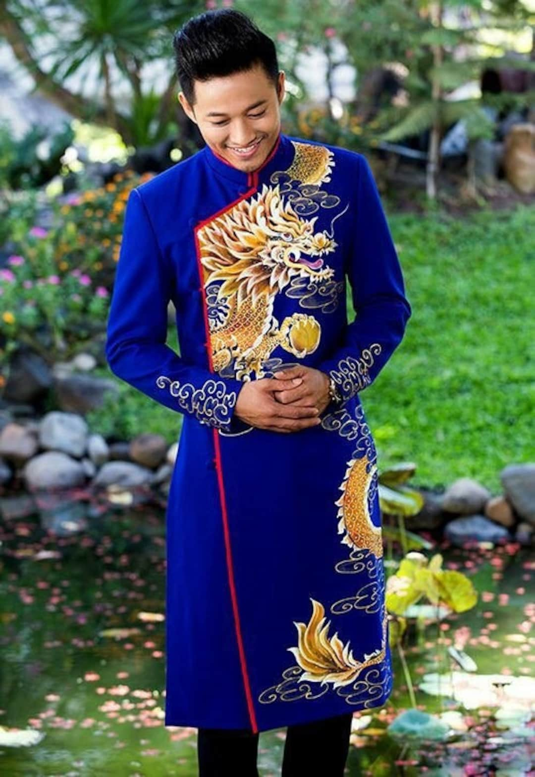 Blue Authentic Traditional Vietnamese Dress Ao Dai Handmade Rare 4 Layer