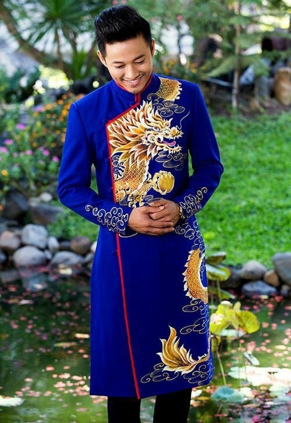 Blue Ao Dai for Men, Hand Painted Vietnamese Traditional Long