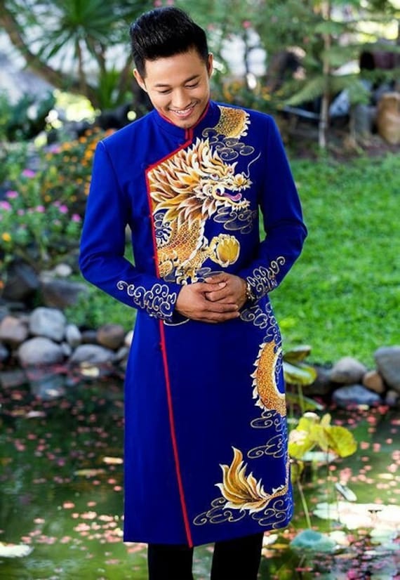 Blue Ao Dai for Men, Hand Painted Vietnamese Traditional Long