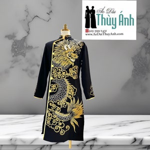 Black  Ao Dai for Men, Hand Painted Vietnamese Traditional Long Dress for Men, Ao Dai Chu Re, Ao Dai Nam. Men AO Dai  No pants G33