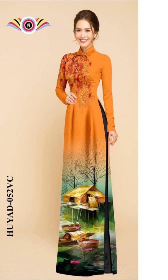 Orange Ao Dai Vietnamese Lua Mango Silk Long Dress With Black Pants 02165 -   Canada