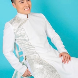 White Ao Dai for Men, Vietnamese Traditional Long Dress for Men No pants A8