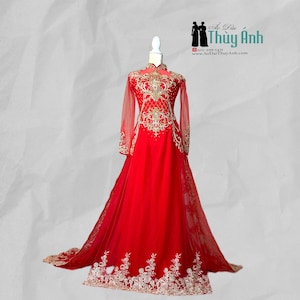 Red Ao Dai Vietnamese Traditional Wedding Dress with Gold Embroidery and  Red or Gold Pants G52