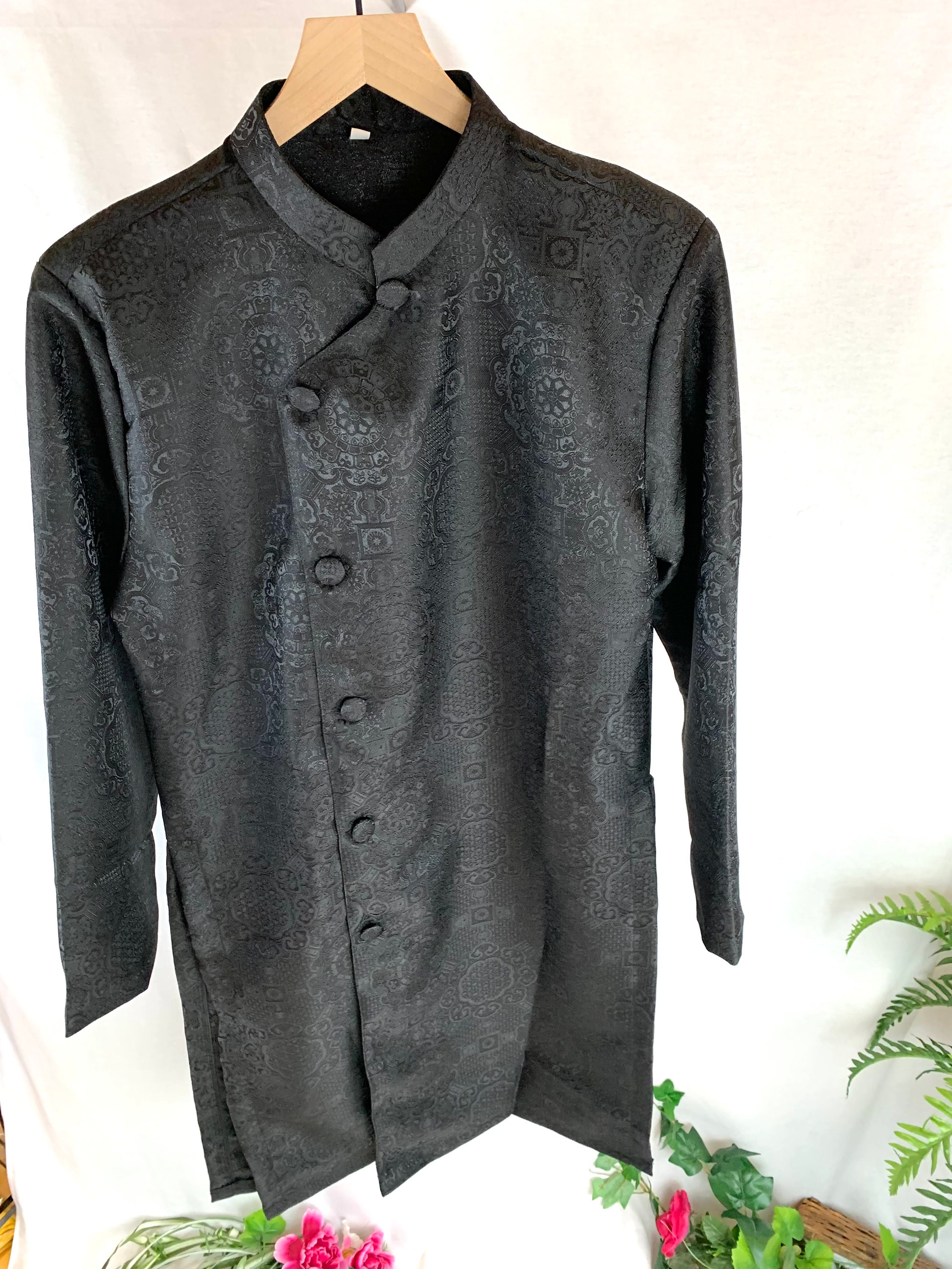 Black Ao Dai for Men, Traditional Vietnamese Gam Long Dress for