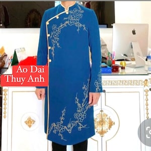 Royal Blue or Blue Hand Painted Vietnamese Ao Dai for Men, Vietnamese Traditional Long Dress for Men, Ao Dai Chu Re, No Pants G15