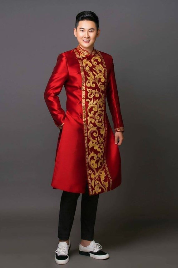 Black, Navy Blue, Red, or Royal Blue Ao Dai Hand Painted Traditional Long  Dress for Men, Ao Dai Chu Re, Ao Dai Nam. G39 
