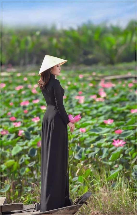 Black Ao Dai Vietnamese Chiffon Double Layer Long Dress With Pants G67 