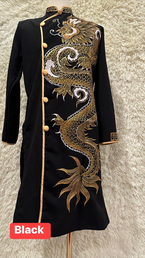 Black Dragon Ao Dai for Men, Hand Painted Vietnamese Traditional