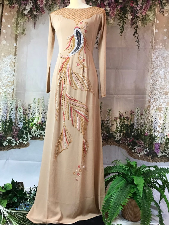 Beige/cream Ao Dai Vietnamese Chiffon Double Layer Beaded Long Dress With Black  Pants G100 