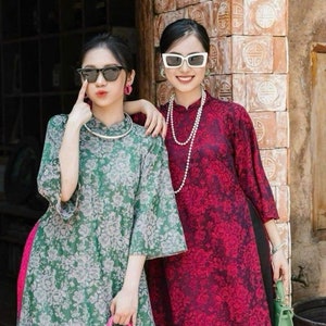 Red or Green Ao Dai Dang Suong Tay Loe Vietnamese Long Dress Flared Sleeves with Pants