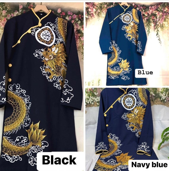 Navy Blue, Blue or Black Hand Painted Vietnamese Traditional Long Dress for  Men, Ao Dai Chu Re, Ao Dai Nam, No Pants A7 