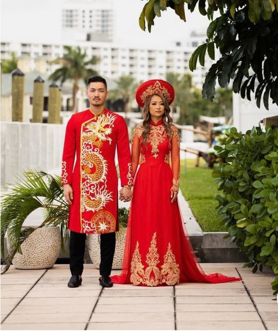 Red Ao Dai Vietnamese Traditional Wedding Dress With Gold Embroidery,long  Train and Gold Pantsno HAT G58 -  Canada