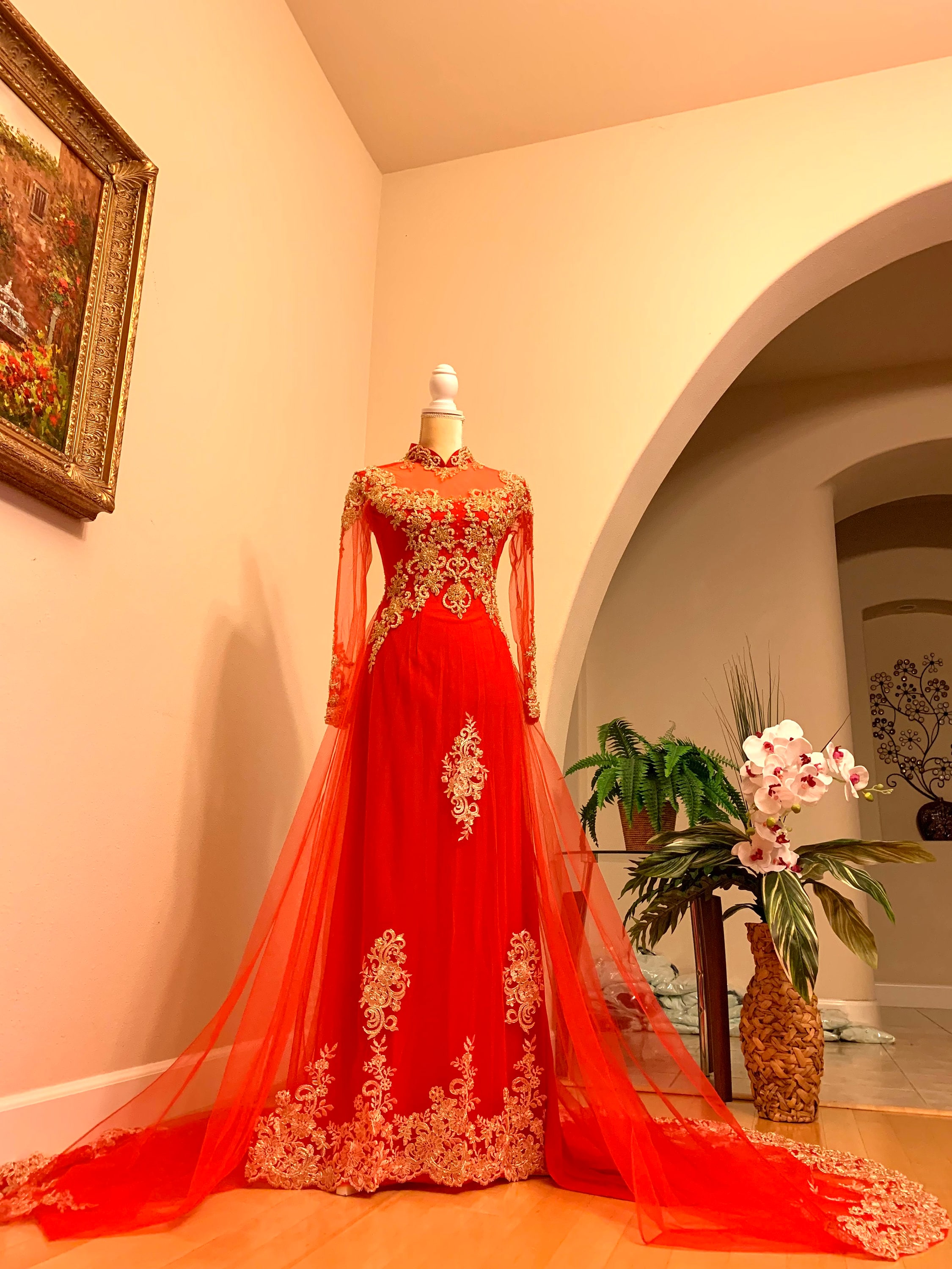 green emerald velvet dress Red Bridal Ao Dai with Gold Lace | Vietnamese Bridal Dress (#LIANA) main image 0