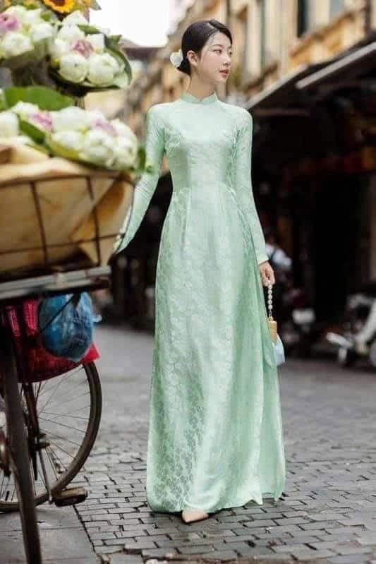Green Ao Dai Vietnamese Gam Long Dress with Matching color Pants PR9